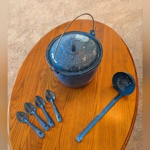 Blue Speckled 3 Qt. Enamelware Pot with Ladle and 4 Spoons
